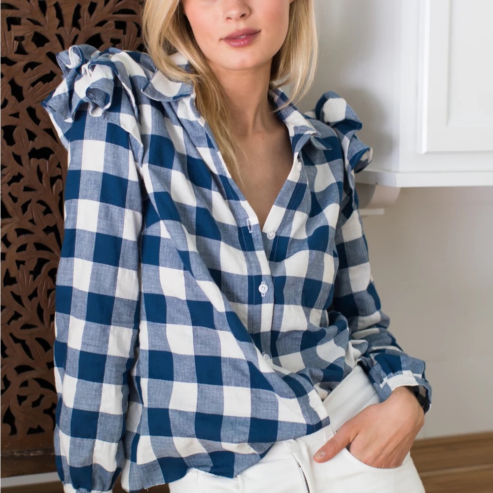 Emerson Fry Sanibel Blue White Check Button Up Top, XS, 100% cotton, 🇺🇸 made
